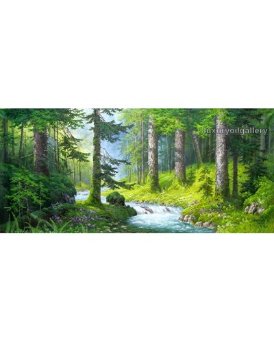 ציור שמן נחל זורם בתוך יער ירוק